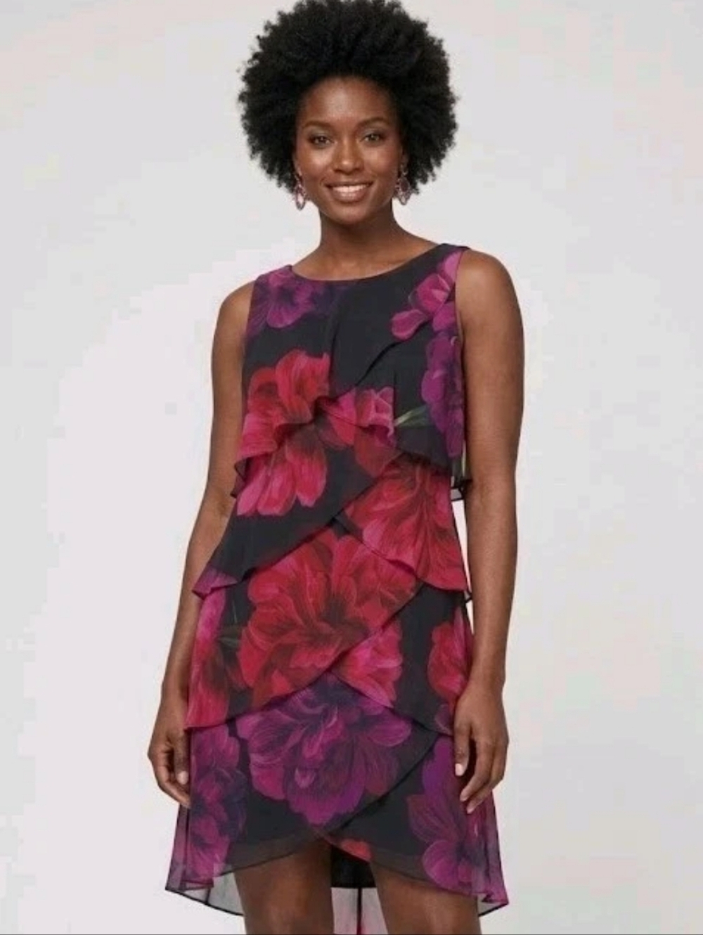 SLNY Fashions Women's Black Purple Pink Sleeveless Ruffled Chiffon Dress Size 10